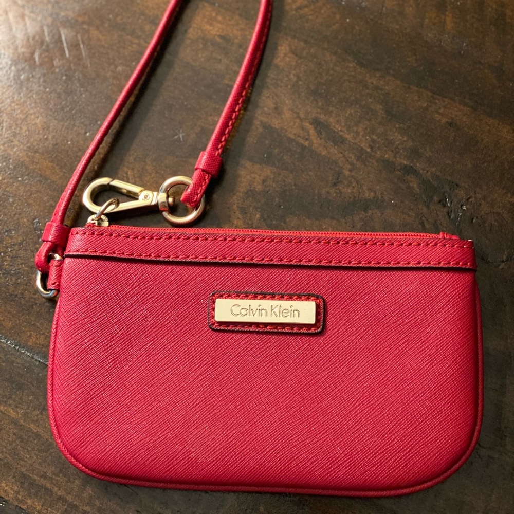 Calvin Klein Red Leather Wristlet w/ Internal Pocket & External Gold Key Ring